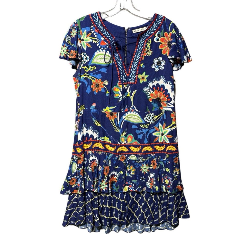 Alice + Olivia Dress Women Sz 2 Boho Navy Floral Embroidered Tiered Short Sleeve